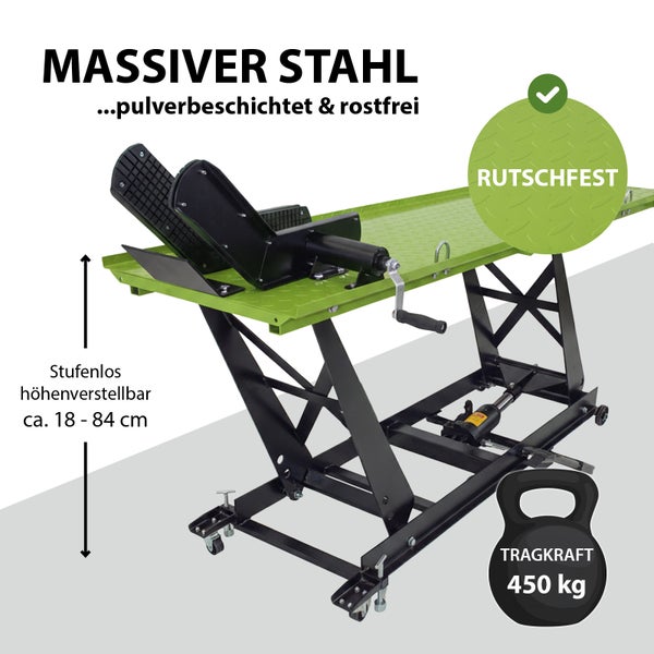 Motorrad Hebebühne aus pulverbeschichtetem Stahl mit einer Tragkraft von 450 Kilogramm und einer stufenlosen Höhenverstellung von circa 18 bis 84 Zentimetern