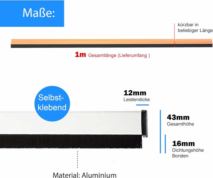 Maßzeichnung einer selbstklebenden Türdichtung aus Aluminium mit einer Gesamtlänge von einem Meter, 12 Millimeter Dicke und 43 Millimeter Höhe.