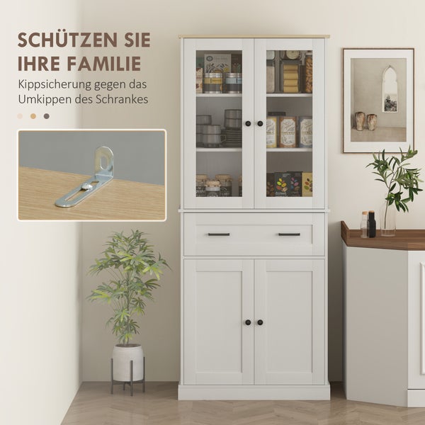 Weißer Küchenschrank mit Glastüren und Schublade, inklusive Kippsicherung zur Wandbefestigung für verbesserte Stabilität und Sicherheit.