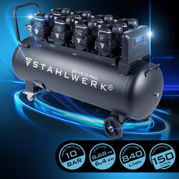 Stahlwerk ST-1510 Pro Kompressor mit 10 bar Arbeitsdruck, 8,68 PS Leistung, 840 l/min Durchfluss und 150 Liter Tankinhalt