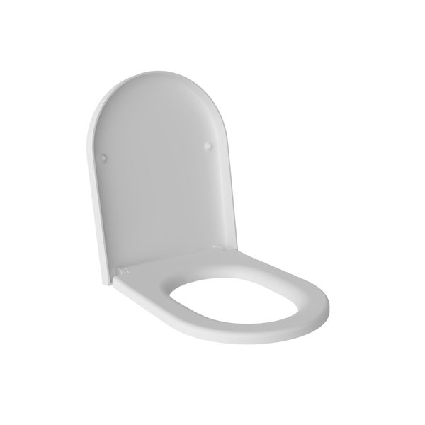 Weißer WC-Sitz mit Deckel in D-Form aus robustem Kunststoff.