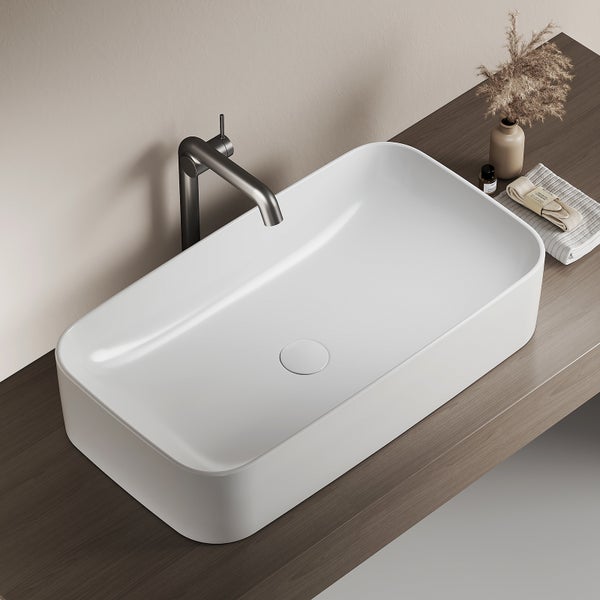 EMKE Aufsatzwaschbecken 705 × 380 mm, Rechteckiges Keramik Waschbecken, glänzend Weiß, ohne Hahnloch, R-Ecken-Design, Waschtisch für Badezimmer und Gäste-WC, modernes Design,  Höhe 150 mm