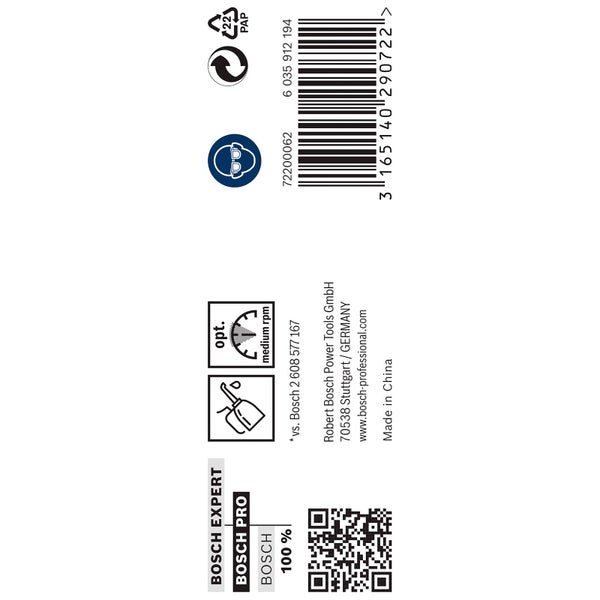 Bosch Experte, Bosch Pro Logo, Schutzbrille Symbol, Papierverpackung Symbol, Barcode