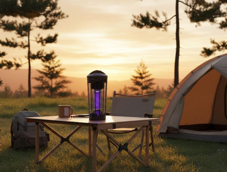 Elektrischer Insektenvernichter mit ultraviolettem Licht auf Campingtisch aus Holz, Campingszene mit Zelt und Rucksack bei Sonnenuntergang.
