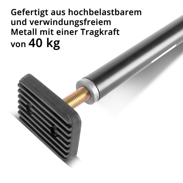 Teleskopstange aus verwindungsfreiem Metall mit einer Tragkraft von 40 Kilogramm und einem gummierten Standfuß.