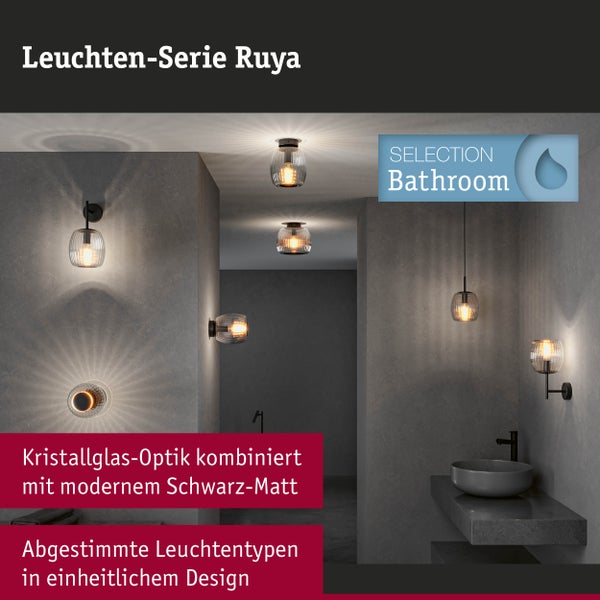 Badezimmer-Leuchten-Serie Ruya in Kristallglas-Optik mit matt-schwarzen Elementen. Verschiedene passende Wand-, Decken- und Pendelleuchten.