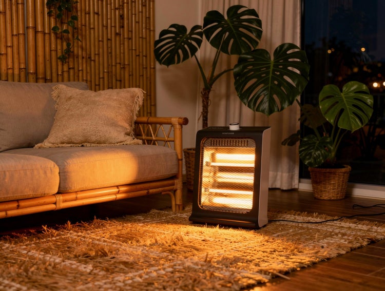 Szene mit einem Heizlüfter in einem Wohnzimmer mit Sofa, Teppich und Zimmerpflanzen.