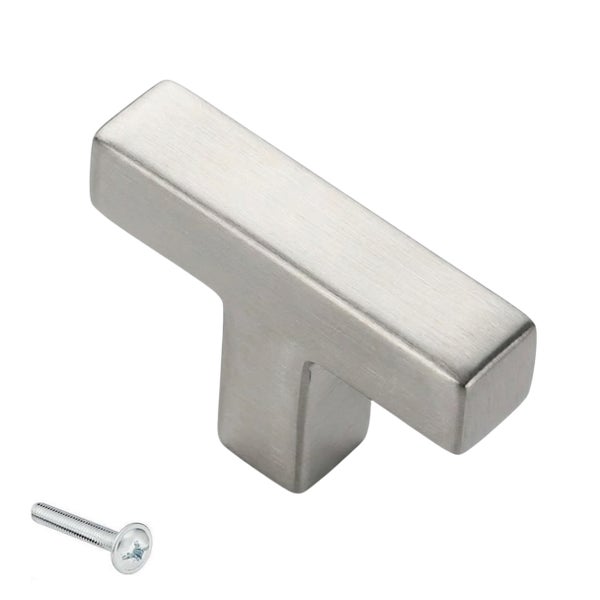 T-förmiger Möbelknopf aus Edelstahl mit gebürsteter Oberfläche inklusive Befestigungsschraube.