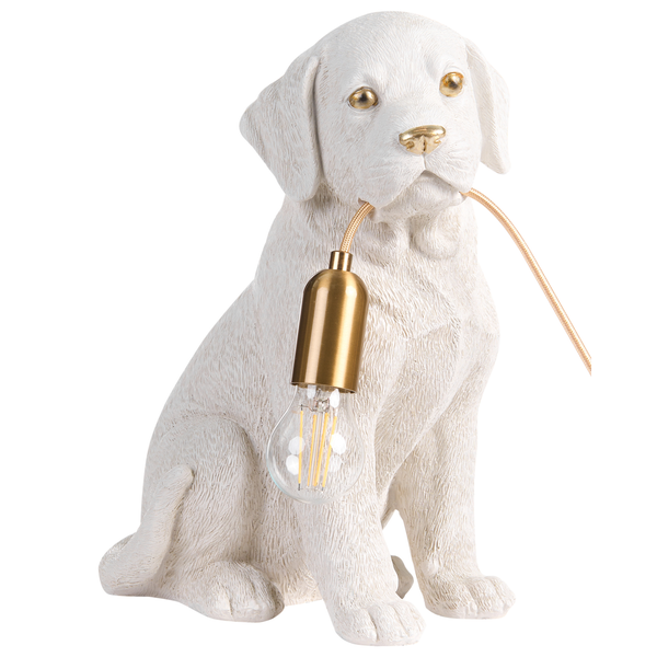 Weiße Tischleuchte in Form eines sitzenden Hundes mit goldener Fassung und Textilkabel.