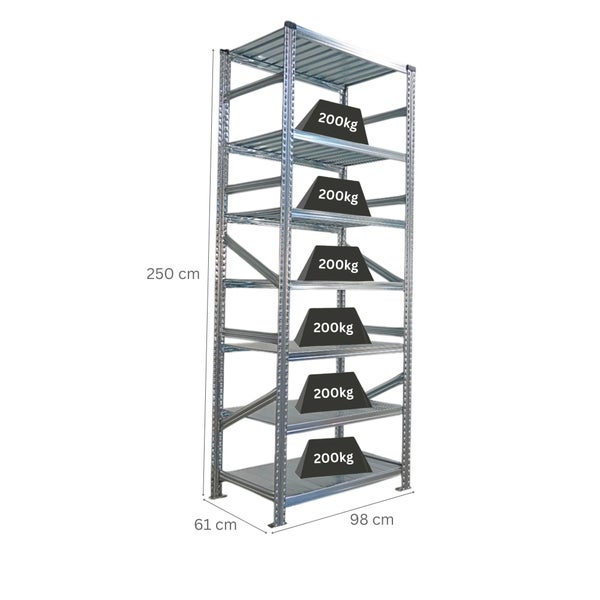 Metallregal mit sechs Böden und Gewichtsangaben