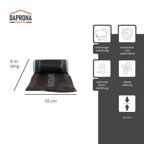 Daprona Dachprodukte Logo. Firstrolle, 5 Meter, 32 Zentimeter, 0,1 Millimeter. Witterungsbeständig, wasserfest, Belüftung, starke Haftung.