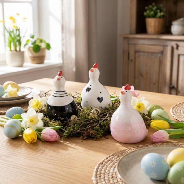 Drei Keramik-Osterhühner als Tischdekoration arrangiert mit Frühlingsblumen, Moos und bemalten Ostereiern auf einem hölzernen Esstisch.