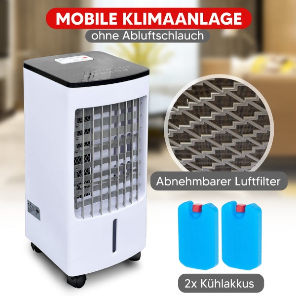 Mobile Klimaanlage ohne Abluftschlauch mit abnehmbarem Luftfilter und zwei Kühlakkus.