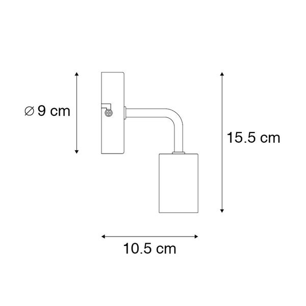 Technische Zeichnung einer Wandleuchte mit den Maßen 9 cm Durchmesser, 15,5 cm Höhe und 10,5 cm Breite