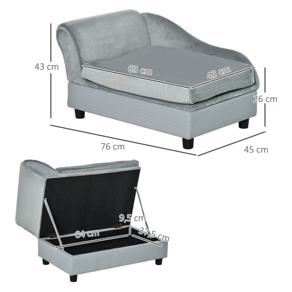 PawHut Haustiersofa mit Matte, Hundebett, Hundematte, Hundesofa mit Lagerraum, Naturholz+Plüsch, Hellgrau, 76 x 45 x 43 cm