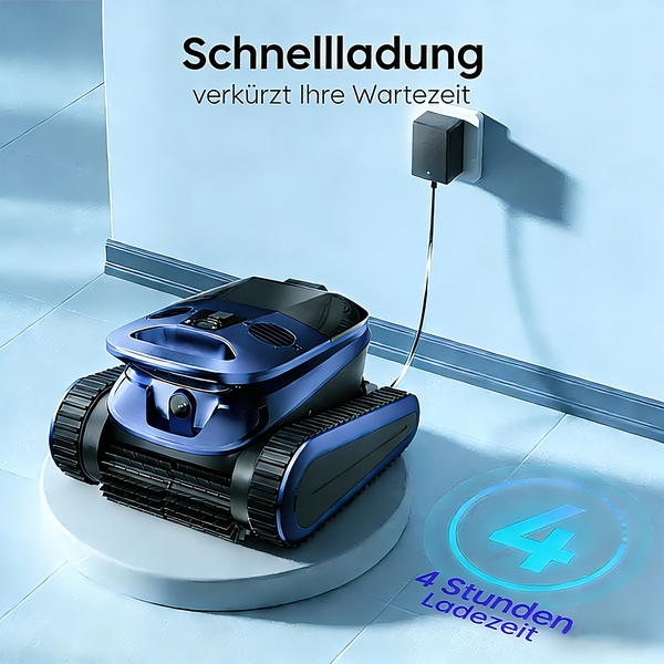 Akkubetriebener Poolroboter mit Schnellladefunktion, 4 Stunden Ladezeit an der Steckdose.