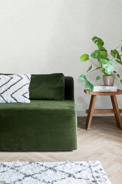 Wohnzimmer mit grünem Sofa, Dekokissen, Holzhocker und Zimmerpflanze