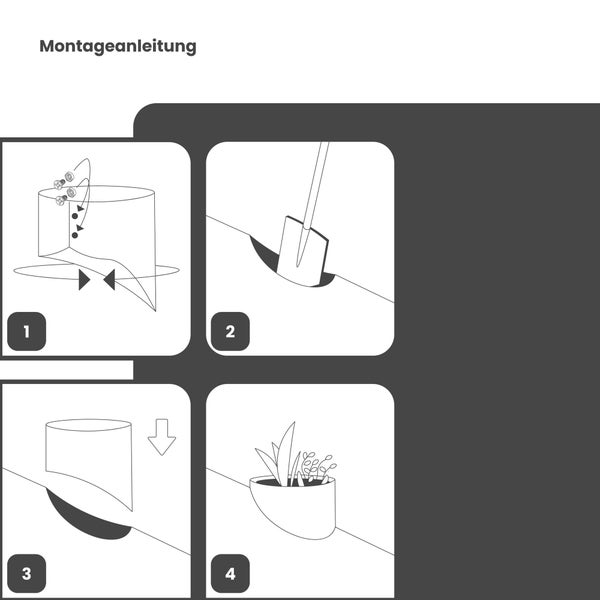 Vierstufige Montageanleitung für eine Beeteinfassung: Teile verschrauben, Loch graben, Element einsetzen und bepflanzen.
