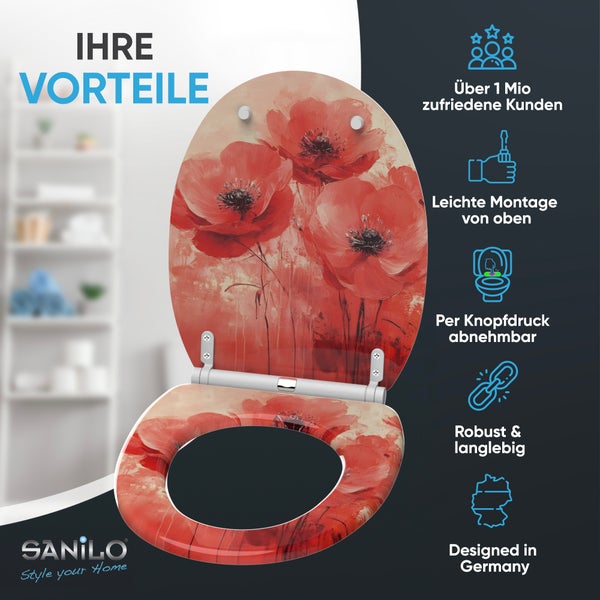 Sanilo WC-Sitz mit Mohnblumenmotiv inklusive Montagevorteilen und Produktmerkmalen