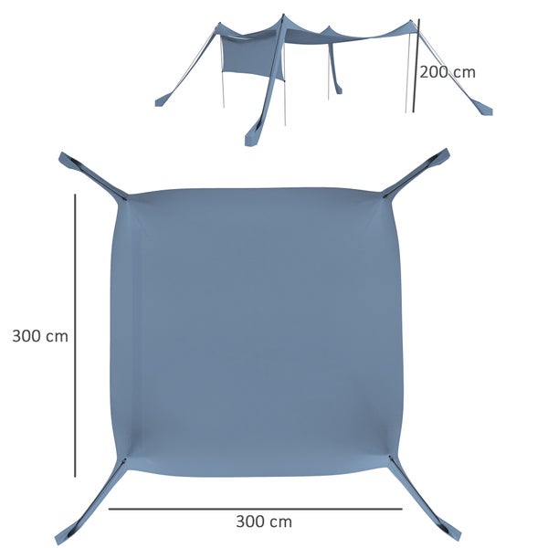 Outsunny Sonnenschutzdach, Sonnensegel Wasserdicht Wetterschutz mit Stahlstangen, Schaufel, Tragetasche, für Camping, Reisen, Picknicks 3 x 3 x 2 m, Blau