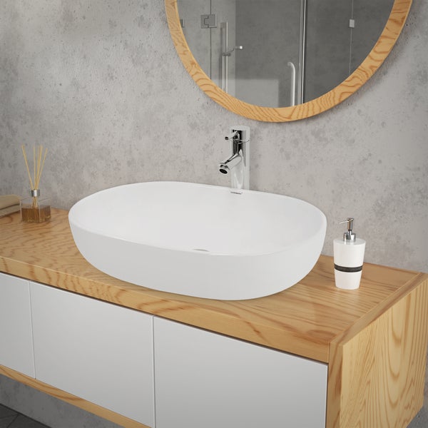ECD Germany Design Waschbecken Waschtisch 600 x 420 x 145 mm inkl. Ablaufgarnitur für Waschbecken ohne Überlauf - Keramik Weiß Aufsatzbecken Aufsatzwaschbecken Waschschale Aufsatzwaschtisch Spülbecken
