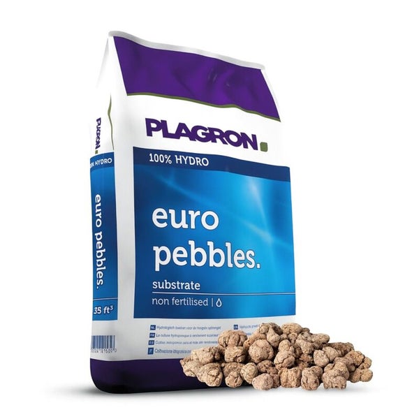 Plagron Euro Pebbles Hydrokultur-Substrat, 100 Prozent Hydro, ungedüngt, mit einer Probe brauner Blähton-Kugeln.