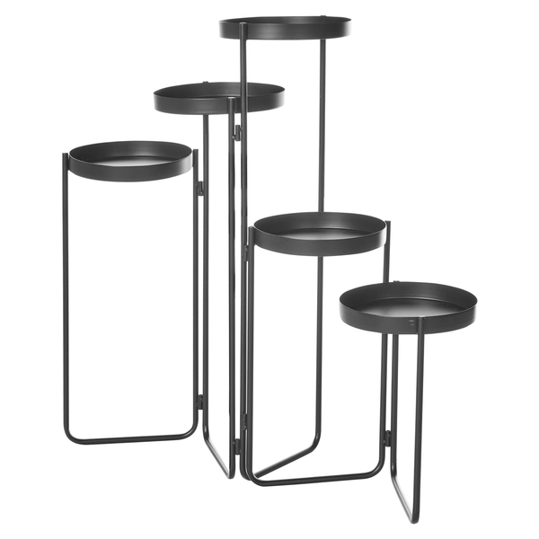 Schwarzer Blumenständer aus Metall mit 5 Ebenen und runden Ablageflächen.