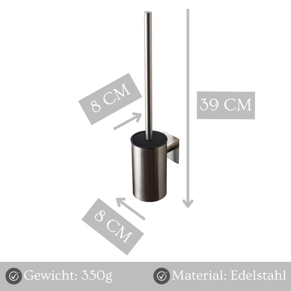 Wandmontierte WC Bürstengarnitur aus Edelstahl mit 39 Zentimeter Höhe und 8 Zentimeter Durchmesser, inklusive Gewichtsangabe 350 Gramm.