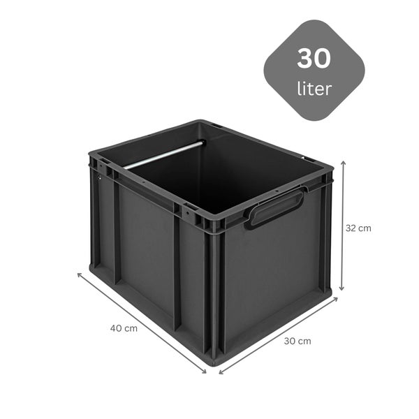 Kunststoffbox mit 30 Litern Fassungsvermögen und den Maßen 40 x 30 x 32 Zentimeter