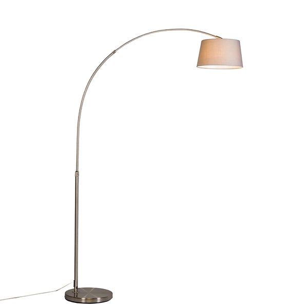 QAZQA - Moderne Bogenlampe Stahl I Silber I nickel matt mit grauem Stoffschirm - Arc Basic I Wohnzimmer - Stahl Länglich - LED geeignet E27