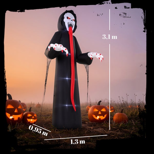 Aufblasbare Halloween Geister Figur mit Beleuchtung in einer herbstlichen Kürbislandschaft inklusive Maßen von 3,1 Meter Höhe.