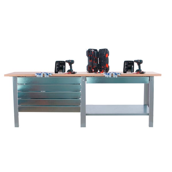 Werkbank BUFFALO WOOD mit 6x Schublade| HxBxT 86,5x210x75cm | Traglast 1000kg | Grau
