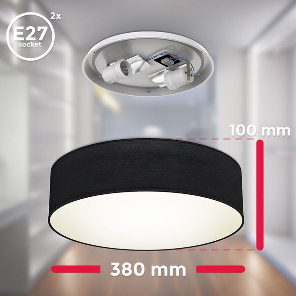 Deckenleuchte Ø38 cm - Stoffschirm, E27 Fassung, 2-flammig, schwarz