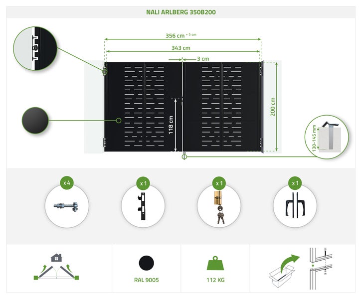Nali Arlberg 350B200 Gartentor mit Maßangaben und Zubehör