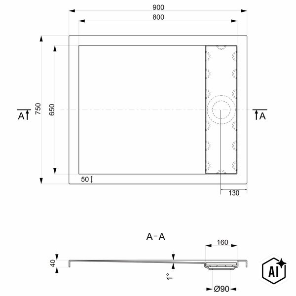 Technische Zeichnung einer rechteckigen Duschwanne mit Maßen in Millimetern und Schnittansicht.