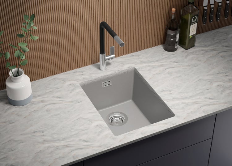 PRIMAGRAN Unterbauspüle Granit Grau 36x47cm, Spülbecken 1 Becken + Ablauf-Set, Granitspüle ab 40er Unterschrank - London