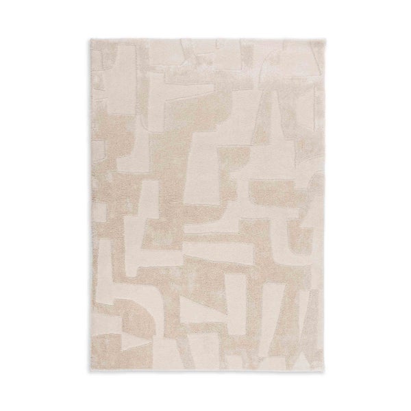 Beigefarbener rechteckiger Teppich mit abstraktem geometrischem Muster und Reliefstruktur.