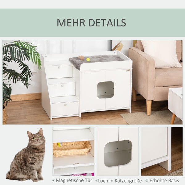 PawHut Katzenschrank für katzentoilette Katzenklo mit 3 Stufen der Treppe Katzenhaus Katzenhöhlen Katzenschrank für Katzenbett mit Türöffnung Weiß 90 x 48 x 59 cm