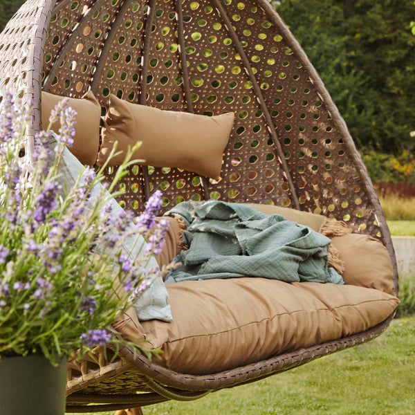 Home Deluxe - Hängesessel TWIN - Braun, Höhe 200 cm - inkl. Gestell, Sitz- und Rückenkissen I Polyrattan Hängestuhl Gartenschaukel Hängekorb