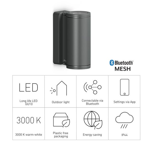 Graue LED Außenleuchte mit Bluetooth Mesh Funktion und den Symbolen: LED, Außenleuchte, Bluetooth, App Einstellungen, 3000 Kelvin warmweiß, Plastikfreie Verpackung, Energiesparen, IP44