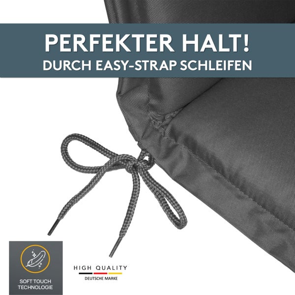 Detail eines Kissenbezugs mit Schleifenband für sicheren Halt sowie Hinweisen zu Soft-Touch-Technologie und deutscher Markenqualität.