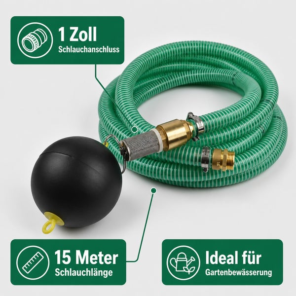 Saugschlauch Set mit 1 Zoll Anschluss, 15 Meter Schlauchlänge und Schwimmkugel, geeignet für die Gartenbewässerung.