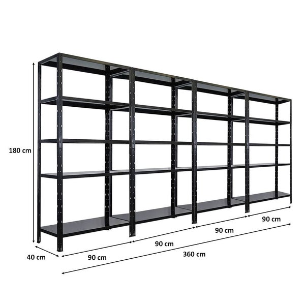 Mehrteiliges Lagerregal aus Metall mit fünf Ebenen und Maßangaben