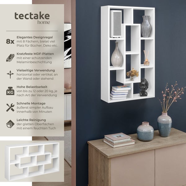 tectake home Logo. Weißes Regal mit 8 Fächern aus melaminbeschichteter Holzfaserplatte. Horizontal oder vertikal nutzbar, hohe Belastbarkeit.