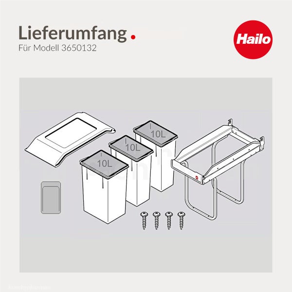 Lieferumfang des Hailo Abfalltrennsystems Modell 3650132 bestehend aus drei 10 Liter Eimern, Gestell, Deckel, Schrauben und Hailo Logo.