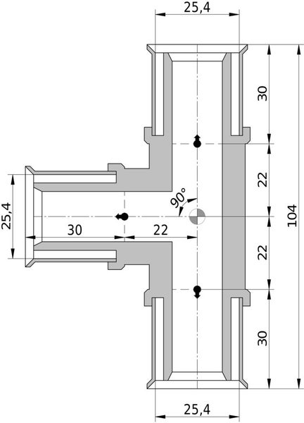 Technische Zeichnung eines T-Stücks für Rohre mit Maßangaben in Millimetern und einem 90 Grad Winkel.