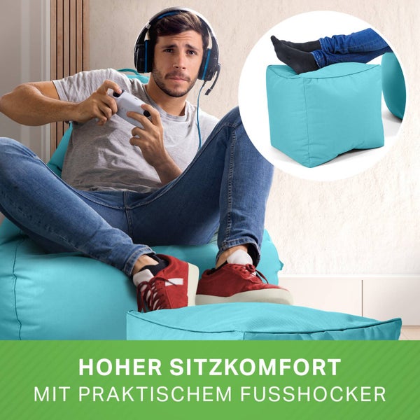 Green Bean 2er Set Sitzsack + Hocker - fertig befüllt - robust waschbar schmutzabweisend - Kinder & Erwachsene Bean Bag Bodenkissen Lounge Sitzhocker Relax-Sessel Gamer Gamingstuhl Pouf - Aquamarin