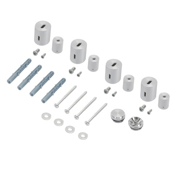 Montage-Set mit zylindrischen Abstandshaltern, Dübeln, Schrauben und Unterlegscheiben für die Wandmontage.