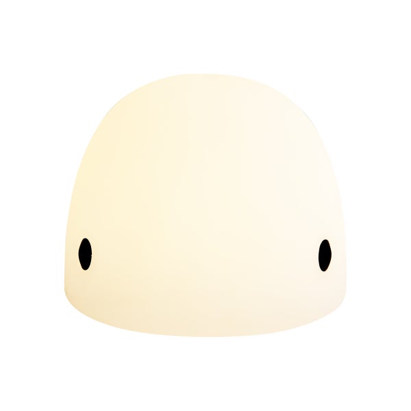 LED Nachtlicht in Form einer weißen Kuppel mit zwei schwarzen ovalen Details.