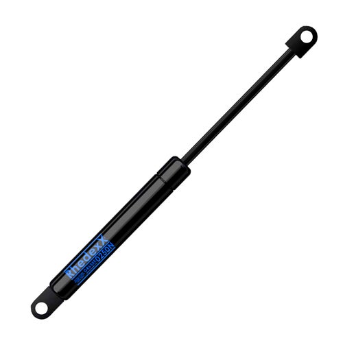 Schwarze Rhedexx Gasdruckfeder aus Metall mit zwei Montageaugen.